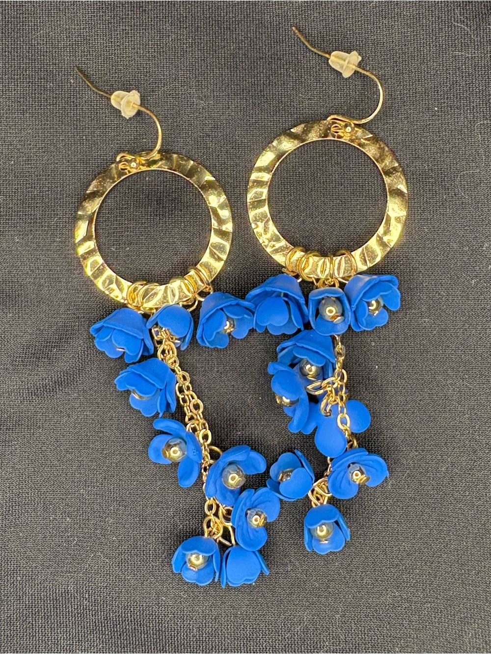 Fashion Jewelry Gold Hoop Earrings with Blue Flower Charms